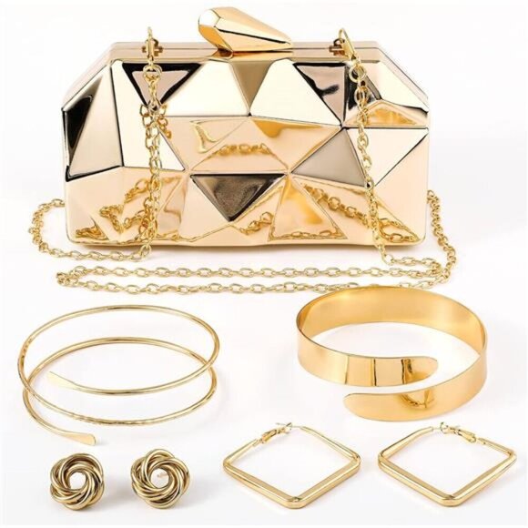 Clutch Purse for Women With Gold Earrings, Bracelet Sets With Geometrical Clutch - Picture 3 of 5